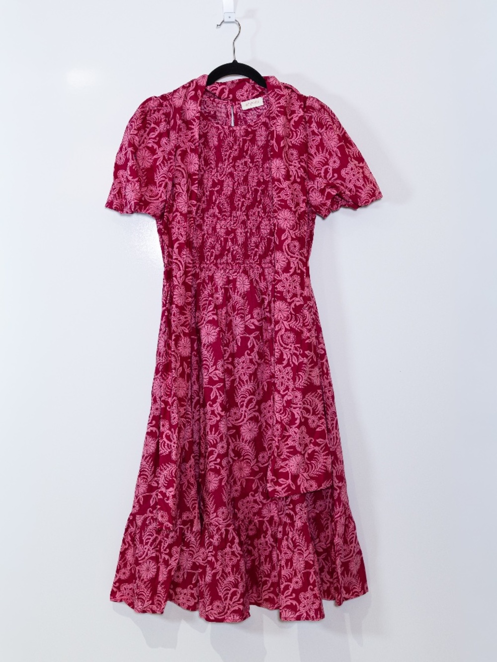 Banjanan Quant Shirred Smocked Bodice Cotton Poplin Midi Dress Pink Pattern S